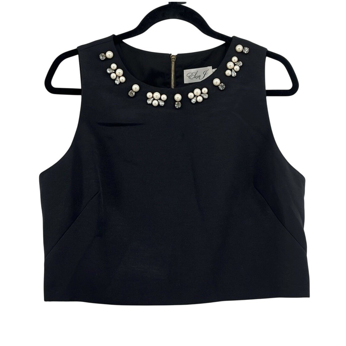 Eliza J Women Black Crop Top Elegant Pearl Embellishments Sleeveless Size 10